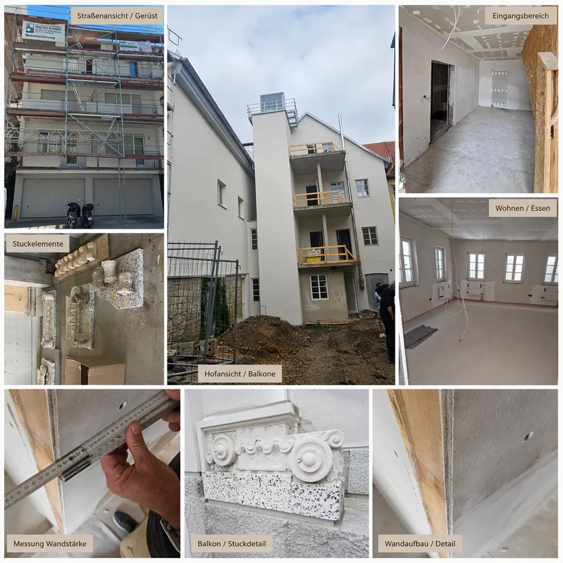 Symbolbild (KI-Visualisierung): Collage einer Sanierung: Gerüst, Hofansicht, Innenräume und Stuckdetails