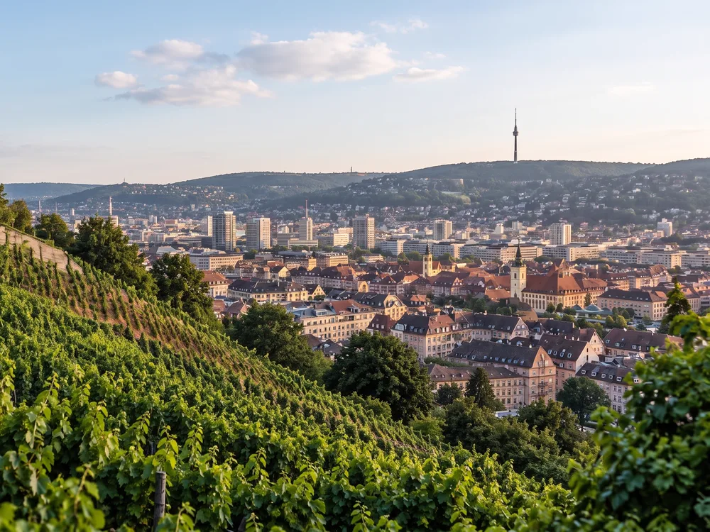 Symbolbild (KI-Visualisierung): Stuttgart mit Grabkapelle, Weinbergen und Fernsehturm