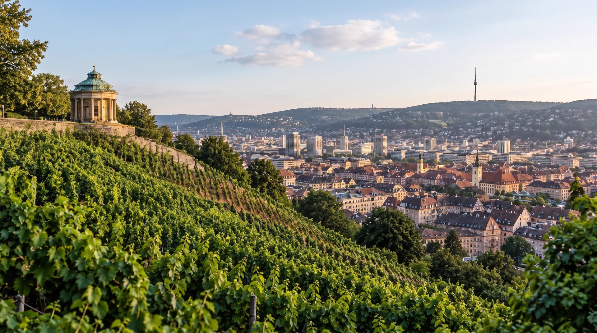 Symbolbild (KI-Visualisierung): Stuttgart mit Grabkapelle, Weinbergen und Fernsehturm
