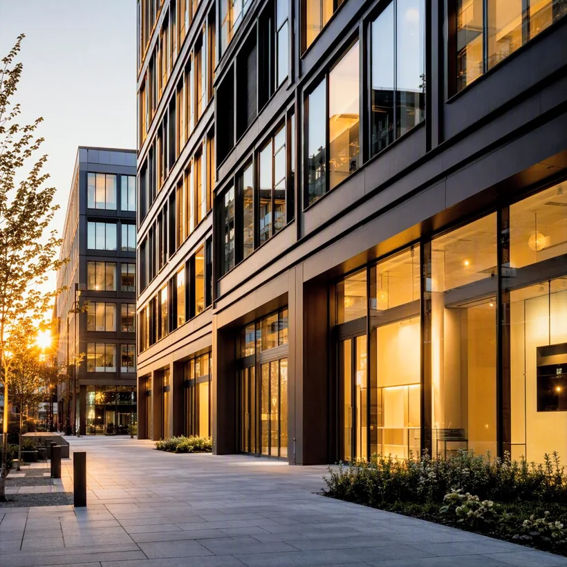 Symbolbild (KI-Visualisierung): Modernes Bürogebäude mit beleuchteter Glasfront im Abendlicht