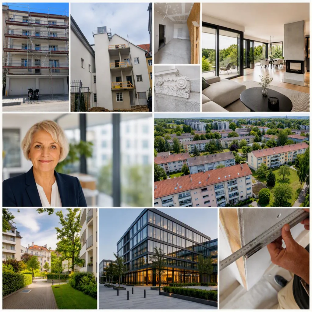 Symbolbild (KI-Visualisierung): Collage mit Sanierung, Gerüst und Hofansicht, Wohnraum, Elke Hupach, Wohnanlagen aus der Luft, Bürogebäude und Messung am Bau