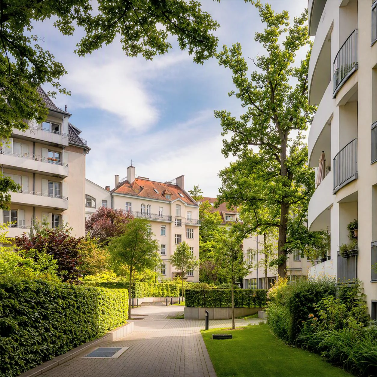 Gepflegte Wohnanlage mit Balkonen, Bäumen und Hecken